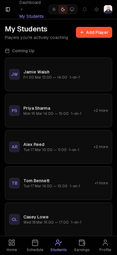 Player roster on mobile